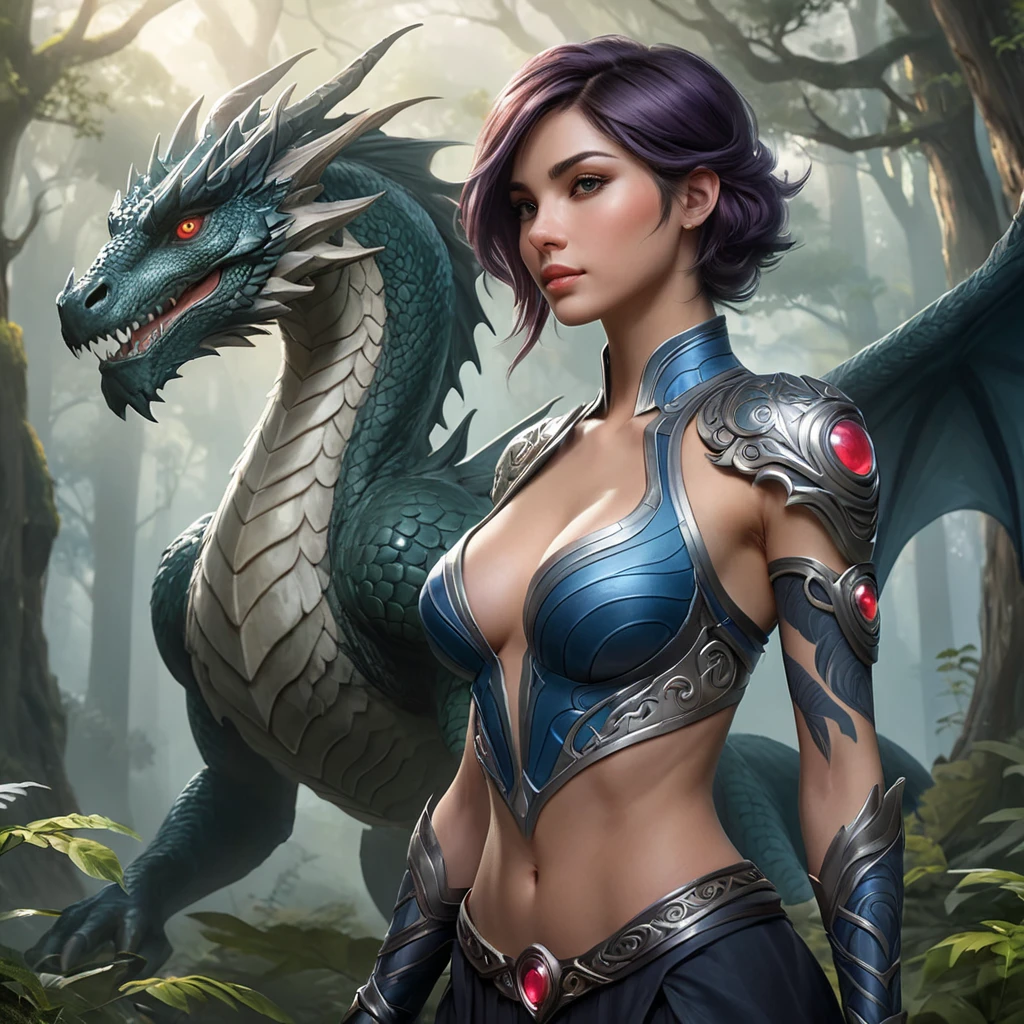 Fiora from League of Legends with dragon tattoos winding around her arms and chest, standing in a misty forest with ancient trees towering around her, her presence exuding strength and grace.