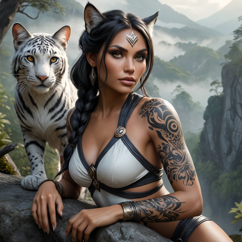 Nidalee, the fierce huntress, adorned with detailed animalistic tattoos that blend seamlessly with her feline features, perched on a rocky outcrop overlooking a misty forest, her eyes glowing with primal intensity.