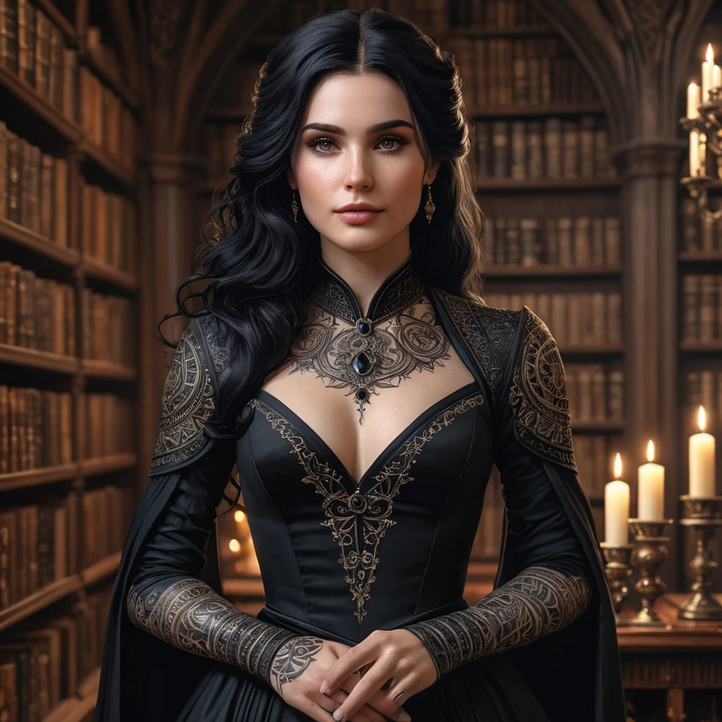 Yennefer with detailed, dark ink tattoos that form a complex pattern across her arms and neck, wearing a regal, flowing black gown, standing in a grand, candlelit library filled with ancient tomes.