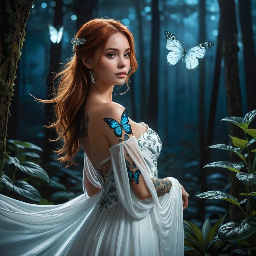 Katarina, a ethereal beauty with delicate butterfly tattoos fluttering across her shoulders and neck, wearing a flowing white gown, standing in a moonlit forest with bioluminescent plants glowing around her.