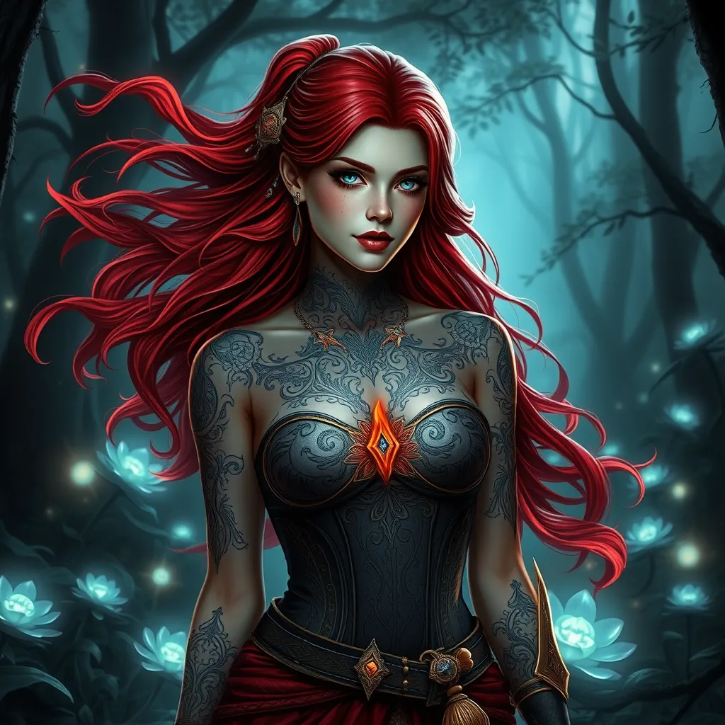 Triss Merigold, the enchanting sorceress from The Witcher 3, adorned with intricate magical tattoos that glow with arcane energy, standing in a mystical forest with bioluminescent plants, her red hair flowing like flames, and her eyes shimmering with ancient knowledge.