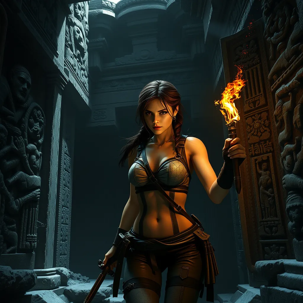 Lara Croft, exploring an ancient temple, torch in hand, surrounded by intricate stone carvings, dramatic shadows, high contrast, detailed textures, epic adventure scene