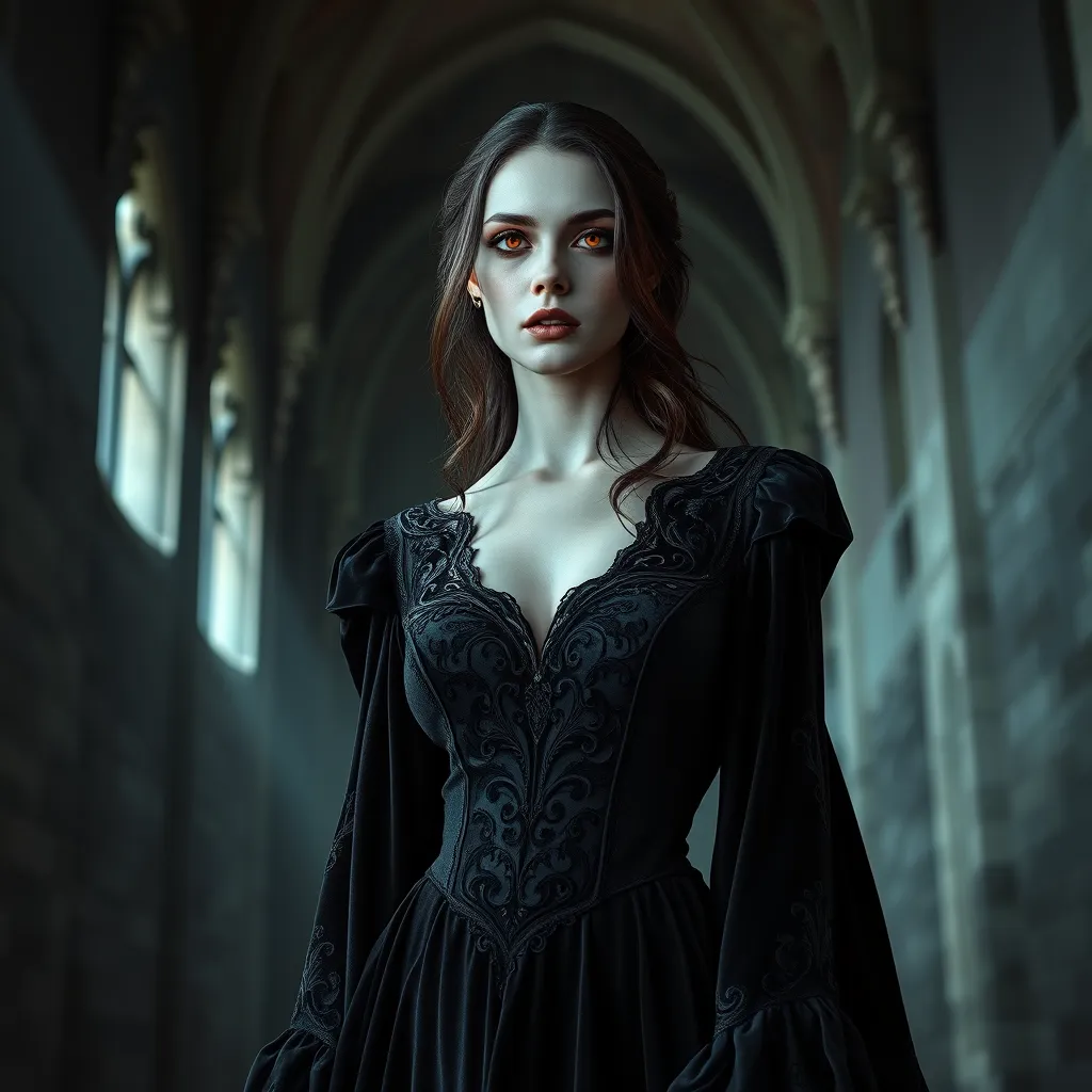 A beautiful Romanian vampire, standing in a Transylvanian castle, wearing a flowing, dark velvet gown with intricate embroidery, pale skin, red eyes, moonlight casting eerie shadows, gothic atmosphere, hyper-realistic, 8K resolution