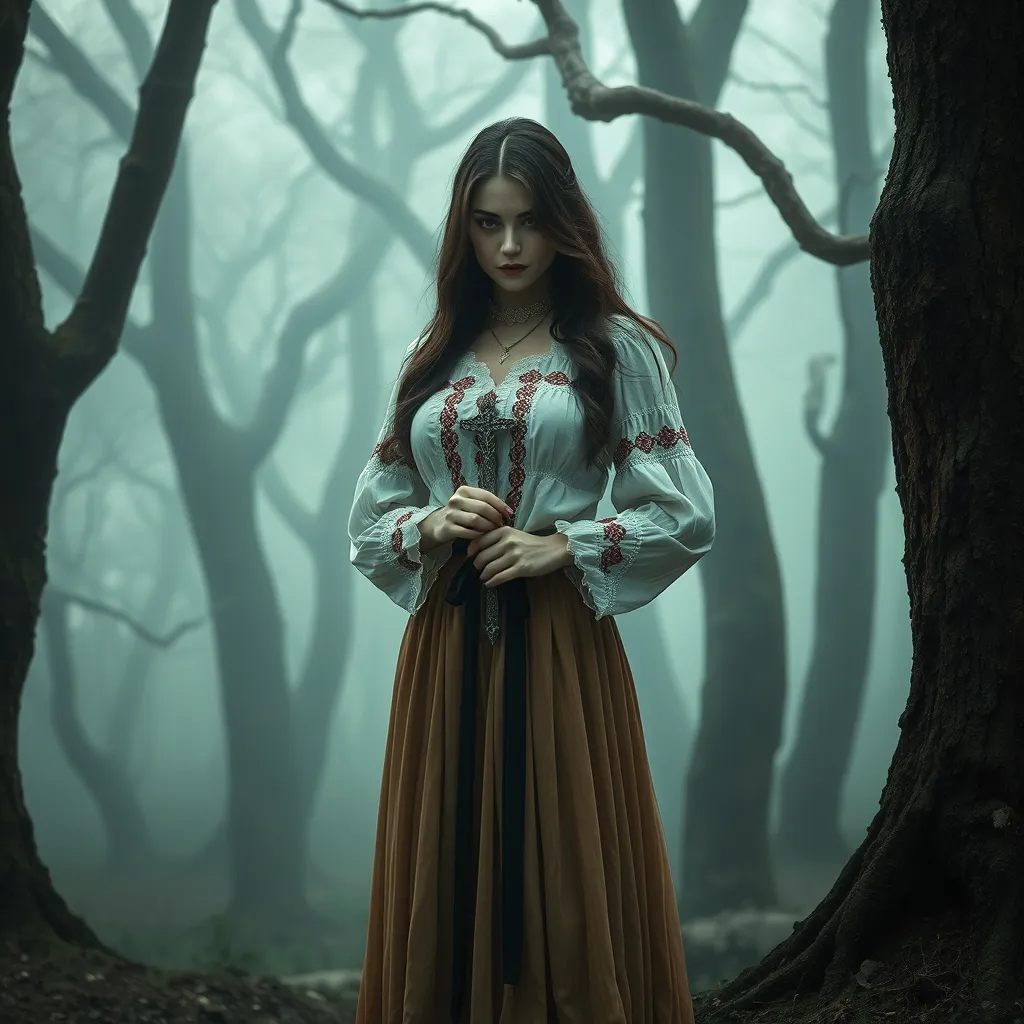 A beautiful Romanian vampire, in a misty forest, wearing a traditional Romanian blouse with a long skirt, holding a silver cross, surrounded by ancient trees, foggy ambiance, mysterious and alluring, high detail, cinematic lighting