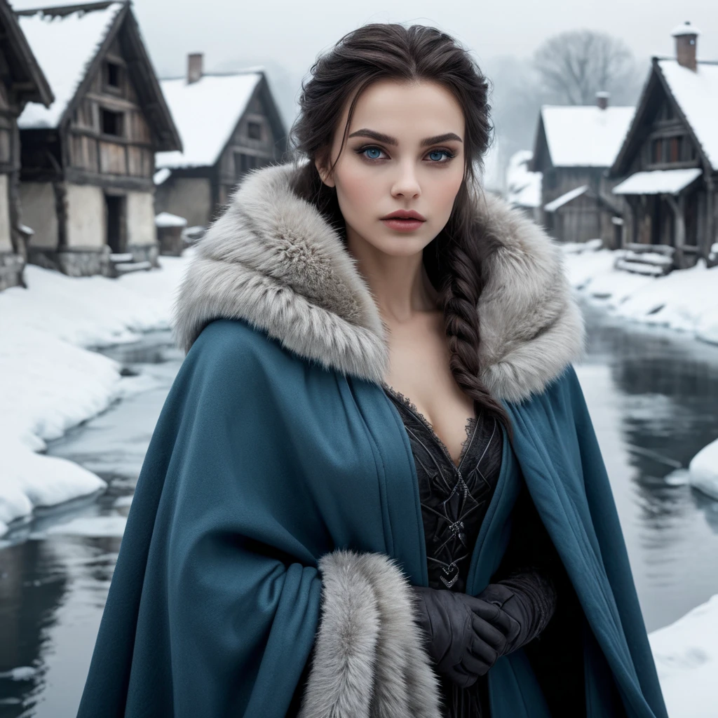 A beautiful Romanian vampire, in a snow-covered village, wearing a fur-lined cloak, with a haunting gaze, standing near a frozen river, icy blue tones, serene yet foreboding, detailed facial features, emotional depth