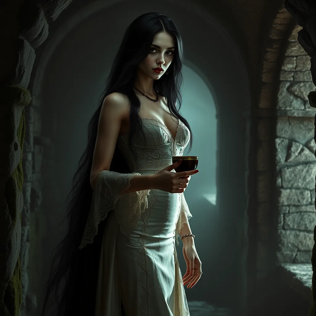 A beautiful Romanian vampire, in a dimly lit crypt, wearing a tattered lace dress, with long, flowing black hair, holding a goblet of blood, stone walls covered in moss, eerie glow, dramatic shadows, gothic horror style