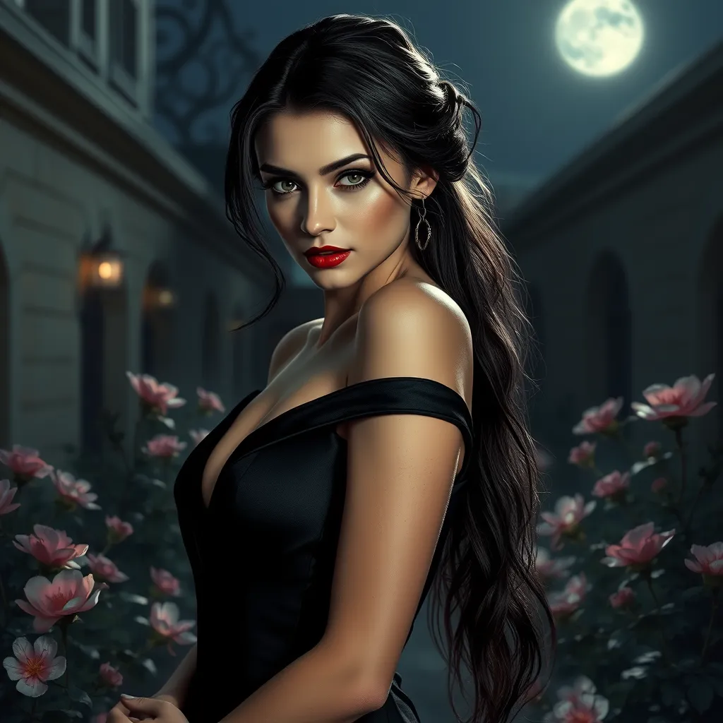 A beautiful Romanian vampire, in a moonlit courtyard, wearing a modern yet elegant black dress, with a subtle, sinister smile, surrounded by blooming night-blooming flowers, soft moonlight, seductive and dangerous, high contrast, realistic textures