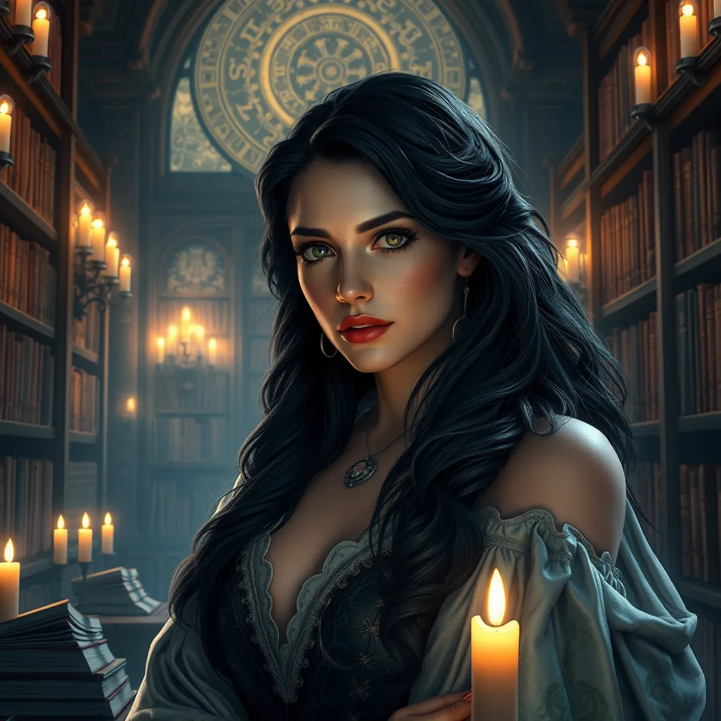 Yennefer, in a grand, candlelit library, surrounded by ancient tomes and glowing magical runes, her expression contemplative and powerful, with a soft, ethereal glow highlighting her features, ultra-realistic, 8k