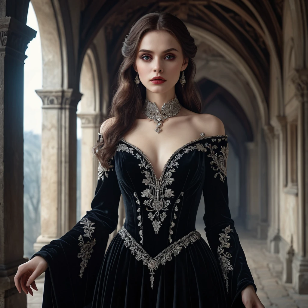 A beautiful Romanian vampire, standing in a Transylvanian castle, wearing a flowing, dark velvet gown with intricate embroidery, pale skin, red eyes, moonlight casting eerie shadows, gothic atmosphere, hyper-realistic, 8K resolution