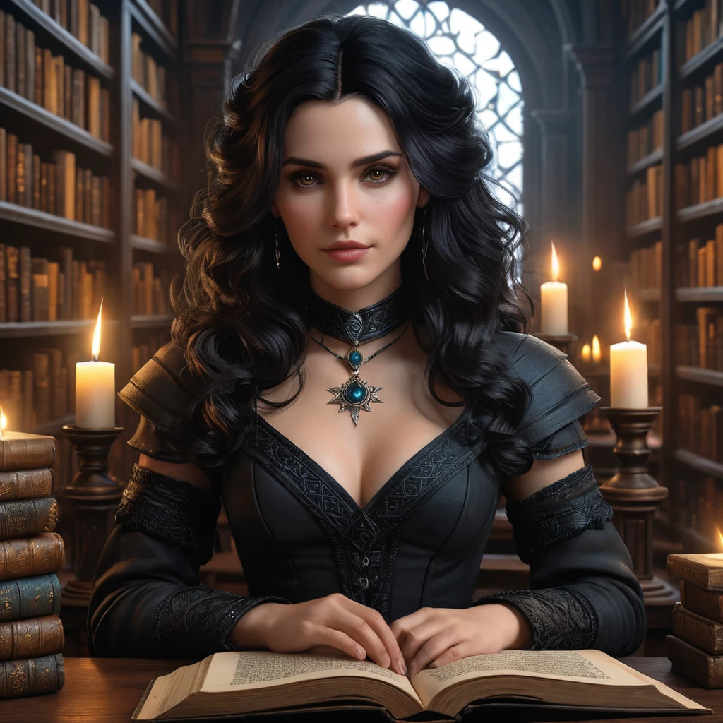 Yennefer, in a grand, candlelit library, surrounded by ancient tomes and glowing magical runes, her expression contemplative and powerful, with a soft, ethereal glow highlighting her features, ultra-realistic, 8k