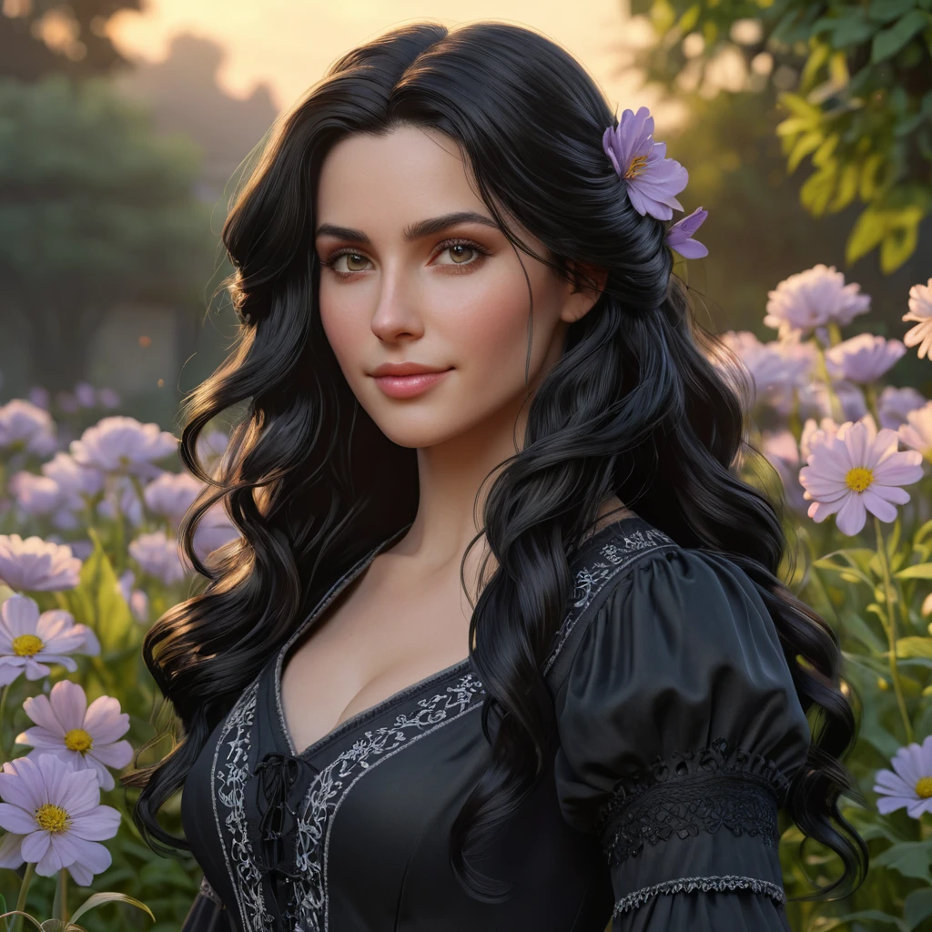 Yennefer, in a serene garden at sunset, with blooming flowers and a gentle breeze, her expression soft and serene, with a gentle smile, her hair gently flowing, ultra-realistic, 8k