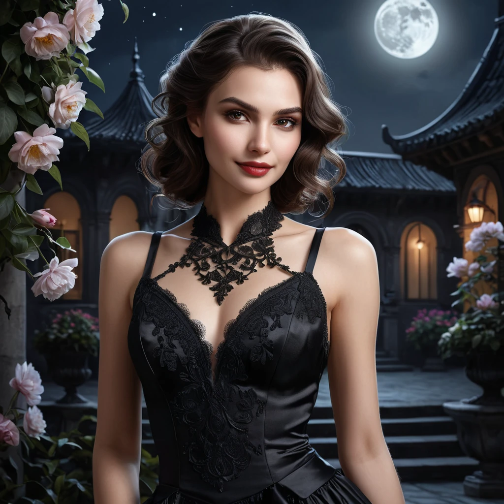 A beautiful Romanian vampire, in a moonlit courtyard, wearing a modern yet elegant black dress, with a subtle, sinister smile, surrounded by blooming night-blooming flowers, soft moonlight, seductive and dangerous, high contrast, realistic textures