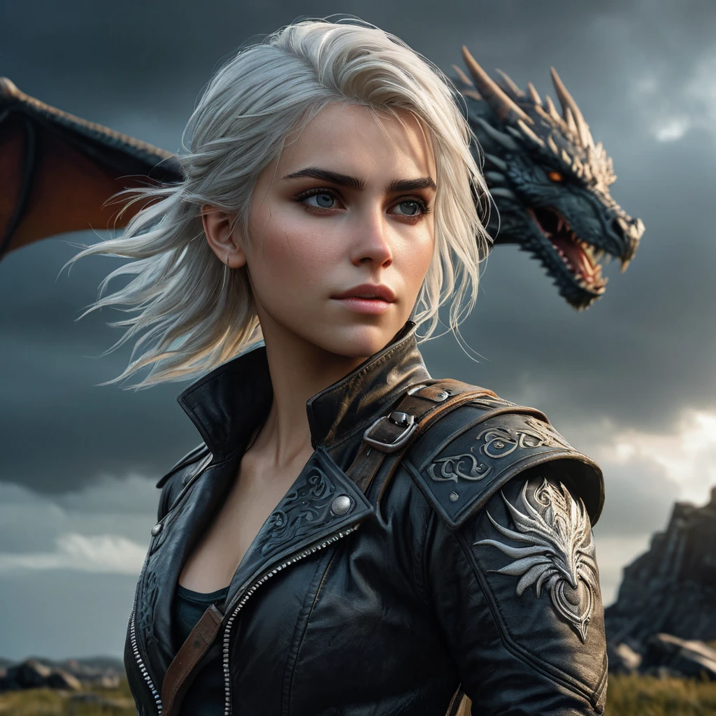 Young Ciri from The Witcher 3 with dragon-themed tattoos on her face and arms, wearing a leather jacket, standing in a stormy battlefield, dramatic lighting, ultra-detailed, 8K