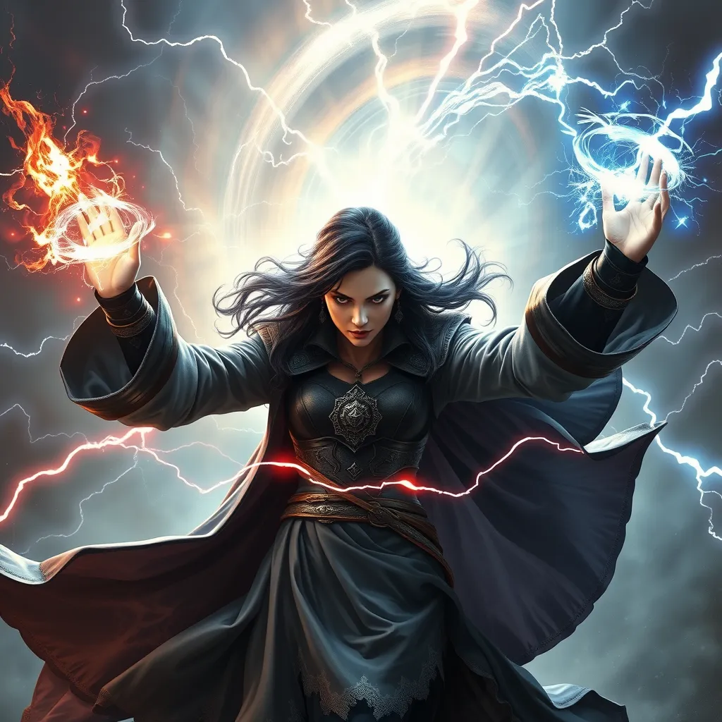 Yennefer, in a dramatic battle scene, casting a powerful spell with her hands raised, her robes billowing in the wind, surrounded by swirling magical energy and lightning, intense action pose, hyper-detailed, 8k