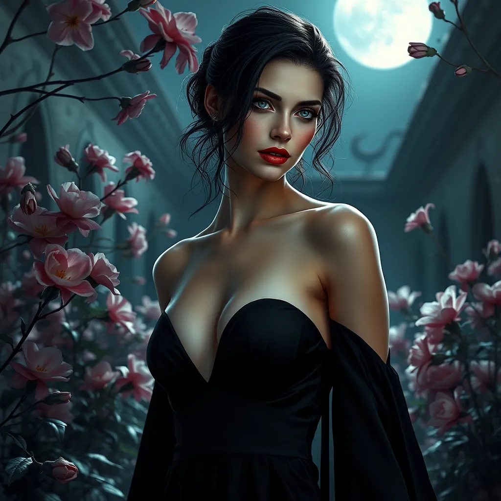 A beautiful Romanian vampire, in a moonlit courtyard, wearing a modern yet elegant black dress, with a subtle, sinister smile, surrounded by blooming night-blooming flowers, soft moonlight, seductive and dangerous, high contrast, realistic textures