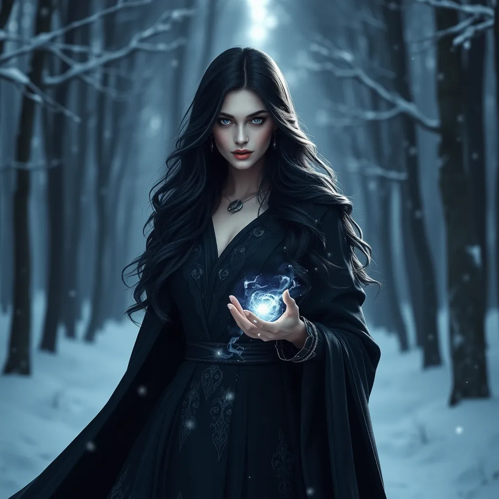 Yennefer of Vengerberg, standing elegantly in a snow-covered forest, with her long, flowing black hair and piercing violet eyes, wearing her signature dark sorceress robes, with magical energy swirling around her, cinematic lighting, high detail, 8k