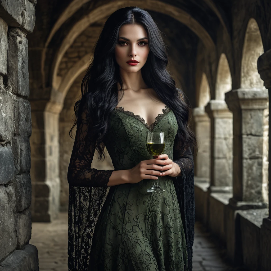 A beautiful Romanian vampire, in a dimly lit crypt, wearing a tattered lace dress, with long, flowing black hair, holding a goblet of blood, stone walls covered in moss, eerie glow, dramatic shadows, gothic horror style