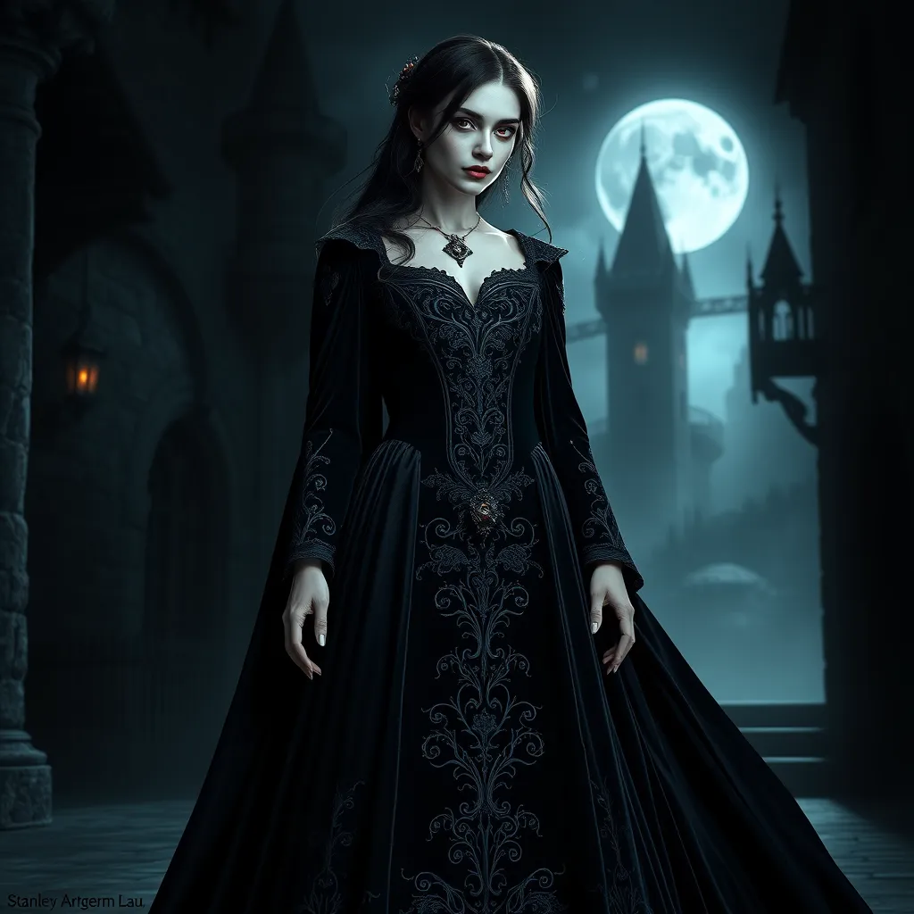 A beautiful Romanian vampire, standing in a Transylvanian castle, wearing a flowing, dark velvet gown with intricate embroidery, pale skin, red eyes, moonlight casting eerie shadows, gothic atmosphere, hyper-realistic, 8K resolution