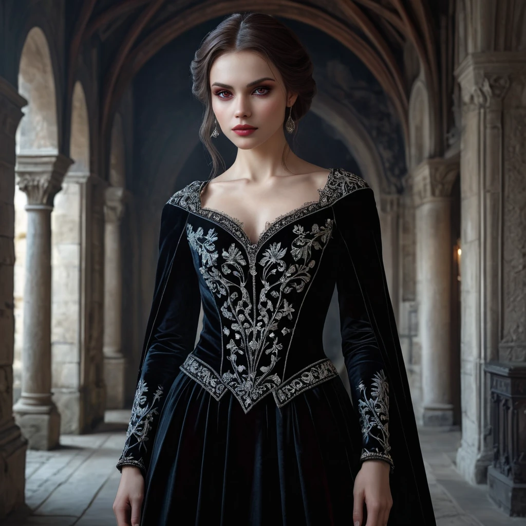 A beautiful Romanian vampire, standing in a Transylvanian castle, wearing a flowing, dark velvet gown with intricate embroidery, pale skin, red eyes, moonlight casting eerie shadows, gothic atmosphere, hyper-realistic, 8K resolution