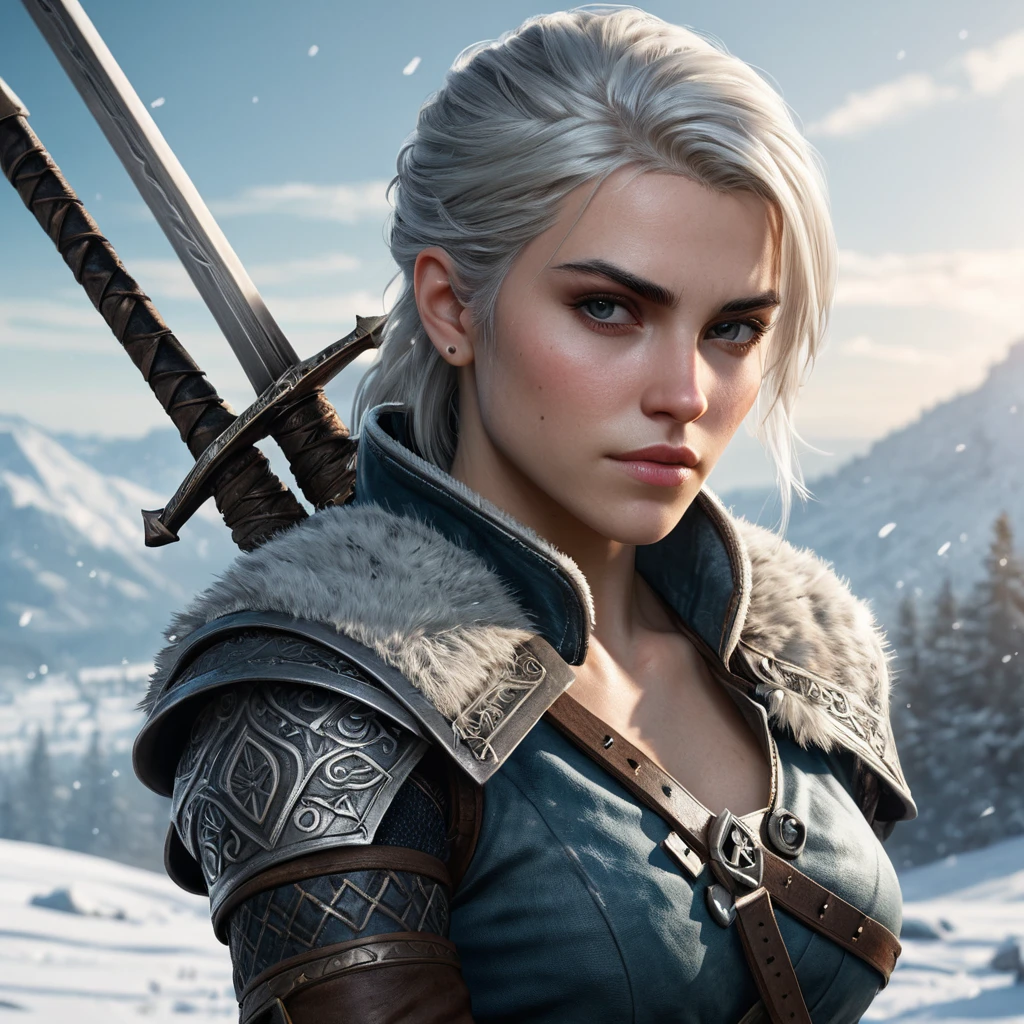 Ciri from The Witcher 3 with warrior tattoos symbolizing her journey, wielding a sword in a snowy landscape, intense focus, cinematic lighting, ultra-detailed, 8K