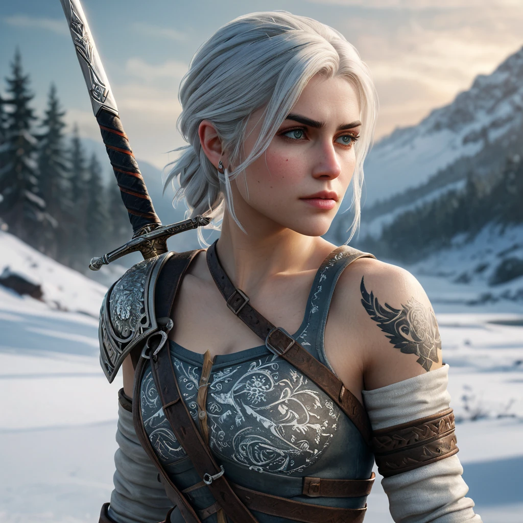 Ciri from The Witcher 3 with warrior tattoos symbolizing her journey, wielding a sword in a snowy landscape, intense focus, cinematic lighting, ultra-detailed, 8K