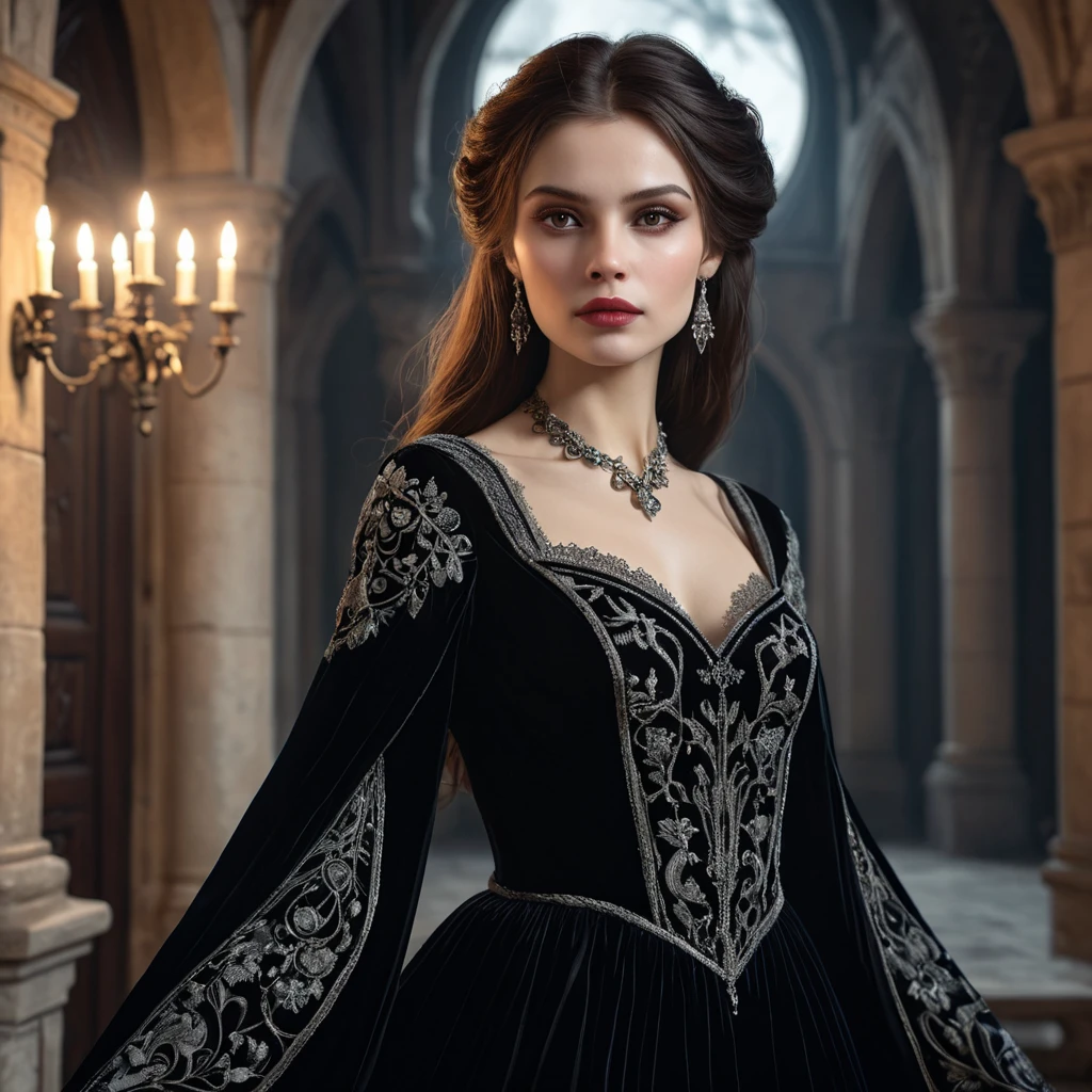 A beautiful Romanian vampire, standing in a Transylvanian castle, wearing a flowing, dark velvet gown with intricate embroidery, pale skin, red eyes, moonlight casting eerie shadows, gothic atmosphere, hyper-realistic, 8K resolution