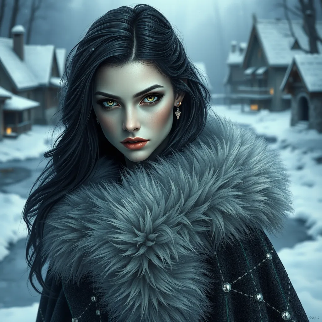 A beautiful Romanian vampire, in a snow-covered village, wearing a fur-lined cloak, with a haunting gaze, standing near a frozen river, icy blue tones, serene yet foreboding, detailed facial features, emotional depth