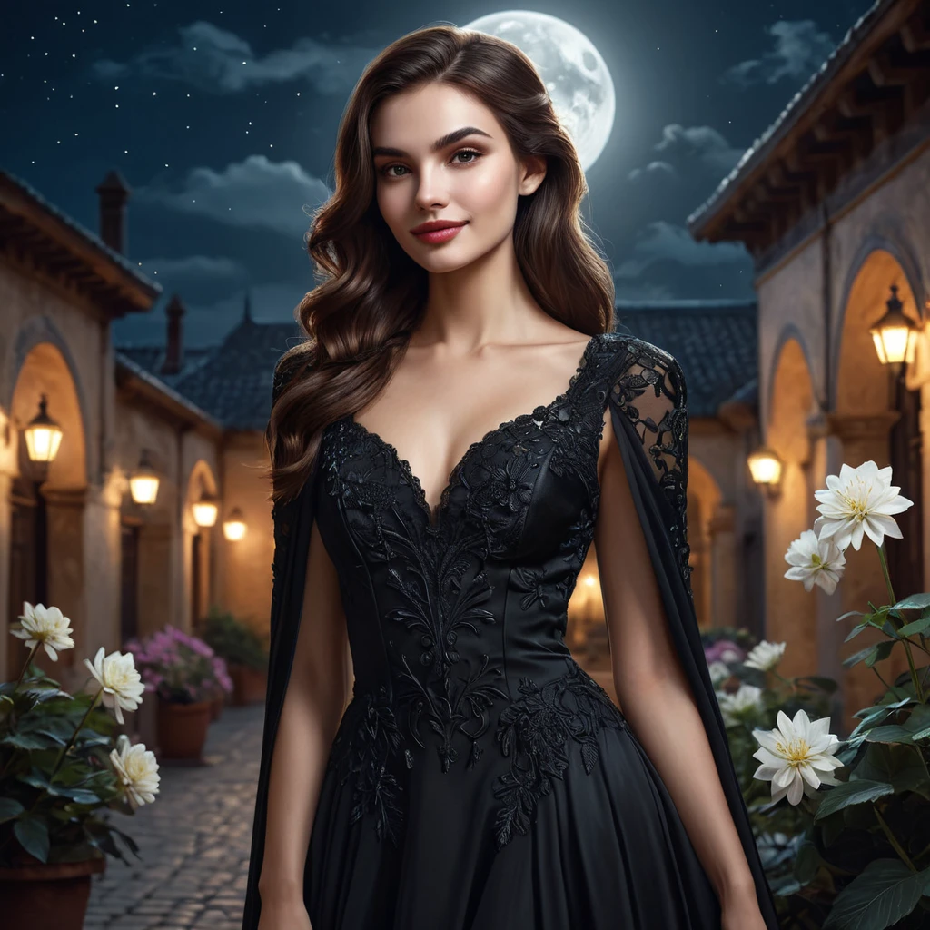 A beautiful Romanian vampire, in a moonlit courtyard, wearing a modern yet elegant black dress, with a subtle, sinister smile, surrounded by blooming night-blooming flowers, soft moonlight, seductive and dangerous, high contrast, realistic textures