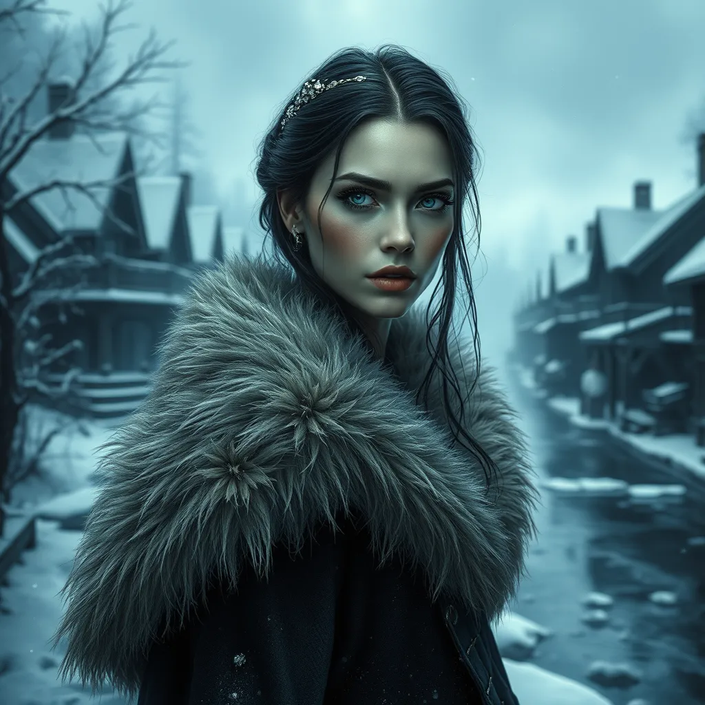 A beautiful Romanian vampire, in a snow-covered village, wearing a fur-lined cloak, with a haunting gaze, standing near a frozen river, icy blue tones, serene yet foreboding, detailed facial features, emotional depth