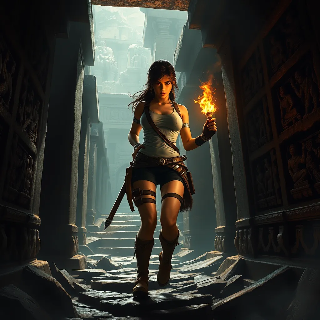 Lara Croft, exploring an ancient temple, torch in hand, surrounded by intricate stone carvings, dramatic shadows, high contrast, detailed textures, epic adventure scene