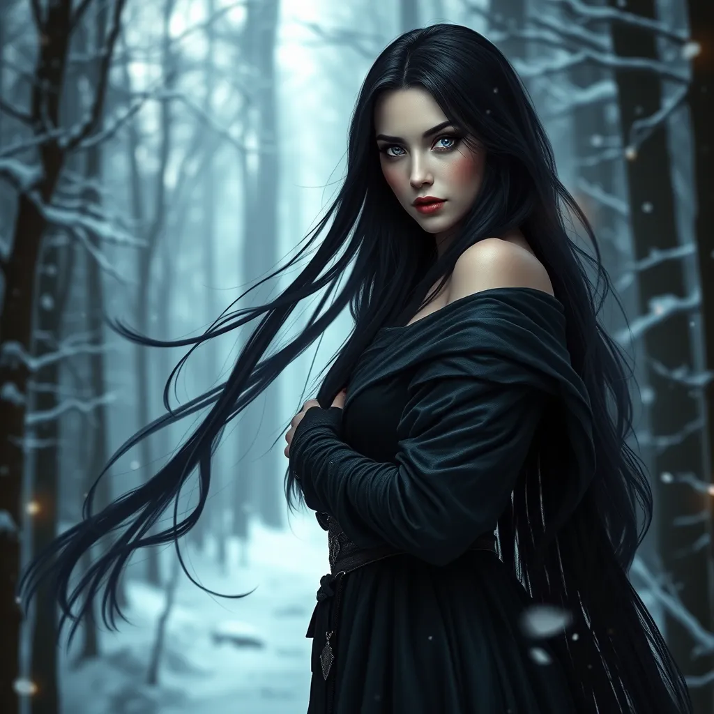 Yennefer of Vengerberg, standing elegantly in a snow-covered forest, with her long, flowing black hair and piercing violet eyes, wearing her signature dark sorceress robes, with magical energy swirling around her, cinematic lighting, high detail, 8k