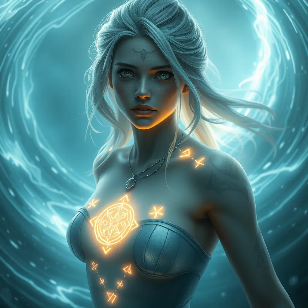 Ciri from The Witcher 3 with mystical rune tattoos glowing on her skin, floating in a magical vortex, ethereal atmosphere, soft lighting, hyper-realistic, 8K