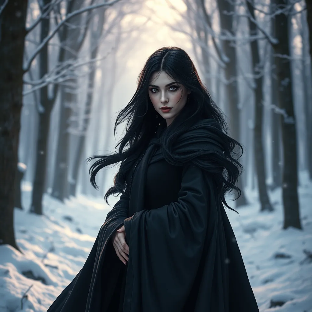 Yennefer of Vengerberg, standing elegantly in a snow-covered forest, with her long, flowing black hair and piercing violet eyes, wearing her signature dark sorceress robes, with magical energy swirling around her, cinematic lighting, high detail, 8k