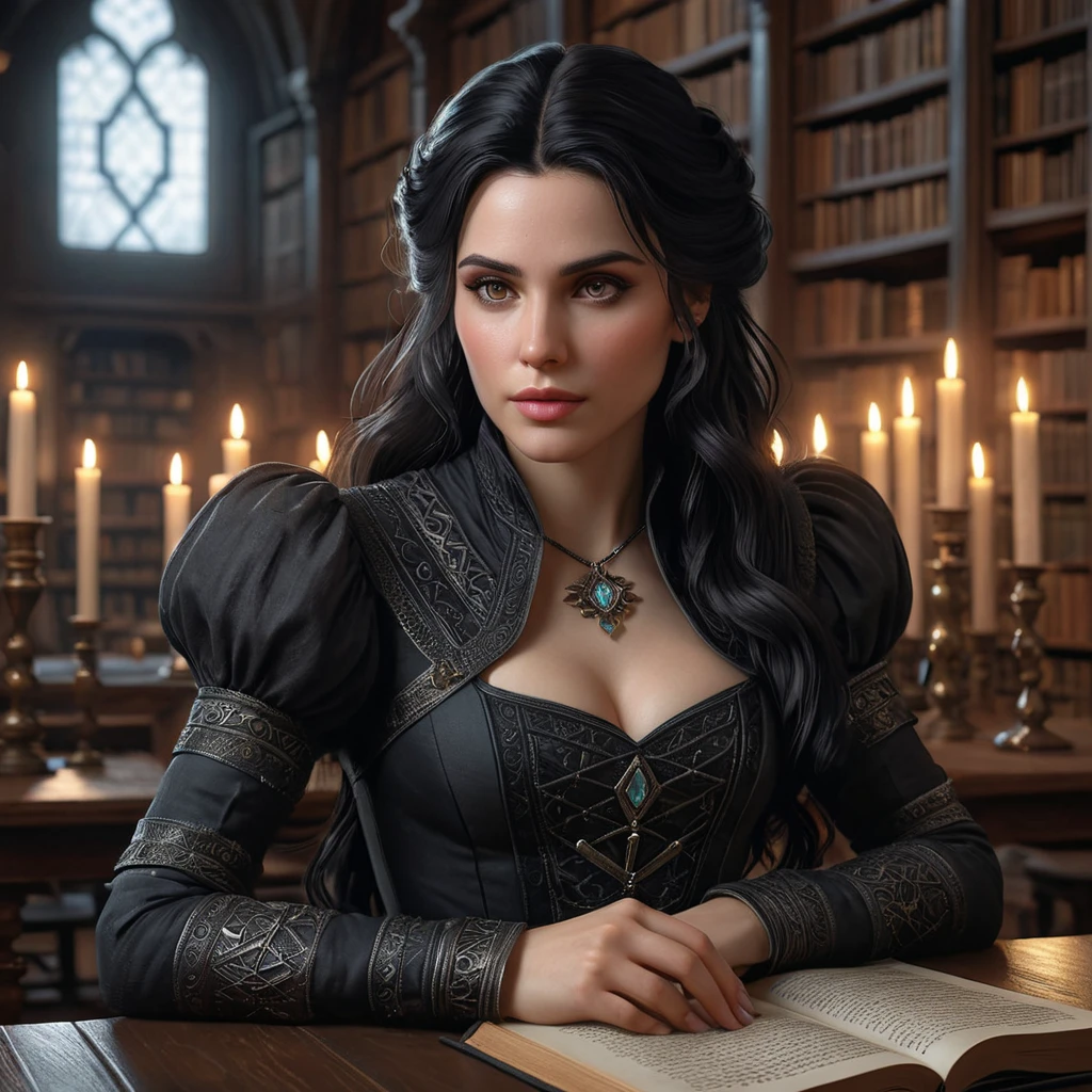 Yennefer, in a grand, candlelit library, surrounded by ancient tomes and glowing magical runes, her expression contemplative and powerful, with a soft, ethereal glow highlighting her features, ultra-realistic, 8k