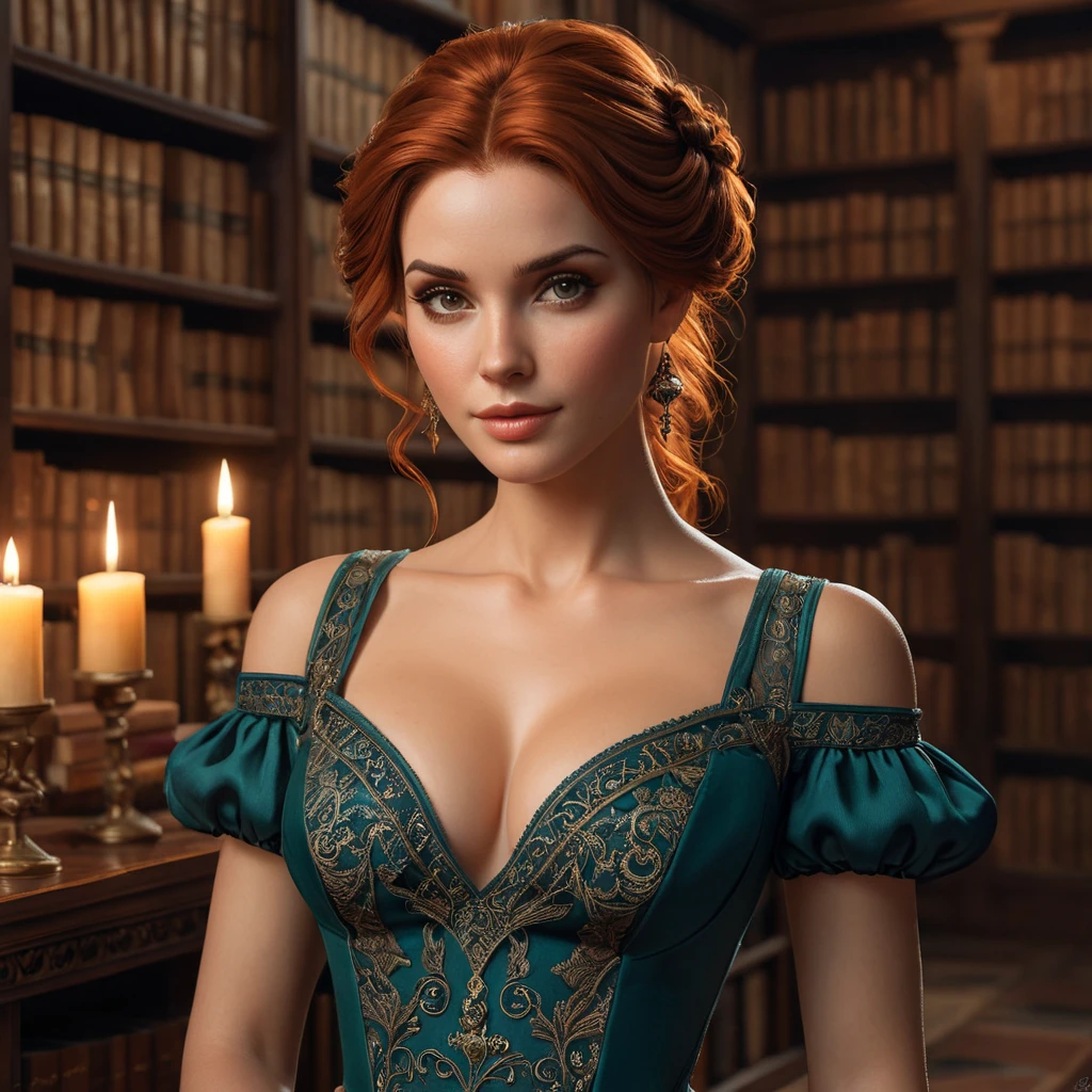 Triss Merigold in a seductive, low-cut dress with intricate lace detailing, her hair pinned up with loose tendrils framing her face, standing in a candlelit library with ancient tomes surrounding her, her presence both alluring and intellectual.