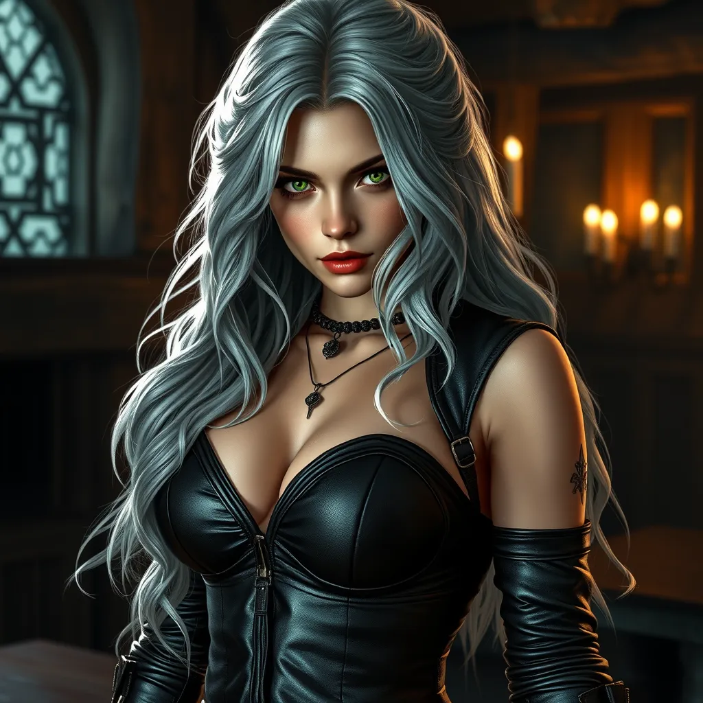 A seductive Ciri from The Witcher, with her silver hair cascading in loose waves, wearing a form-fitting, dark leather outfit that accentuates her curves. Her piercing green eyes are filled with a mix of determination and allure, as she stands in a dimly lit, medieval tavern, with a flickering candle casting shadows on her face.