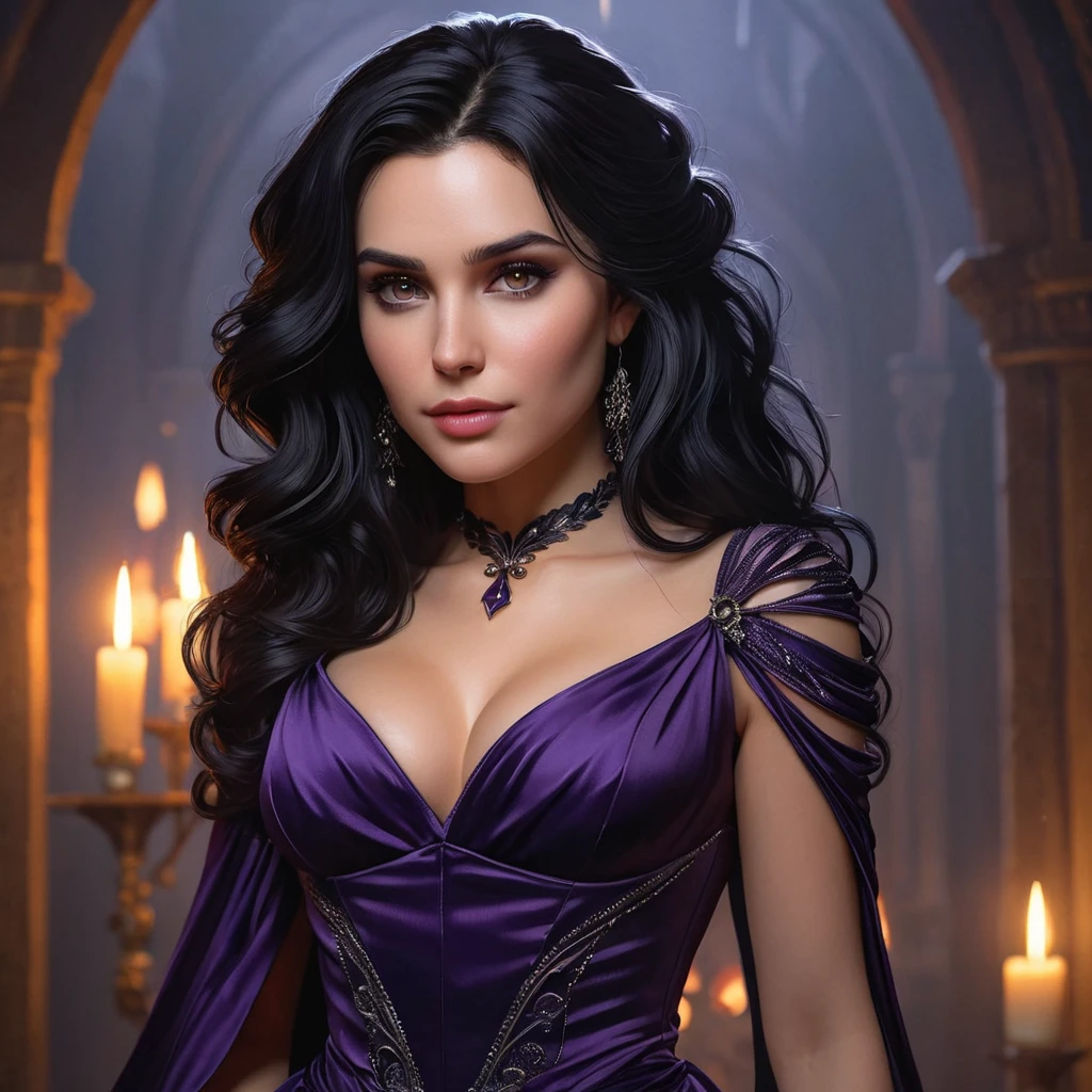 A seductive Yennefer with raven-black hair cascading over her shoulders, dressed in a form-fitting, deep purple gown that accentuates her curves, standing in a candlelit chamber with enchanted flames dancing around her