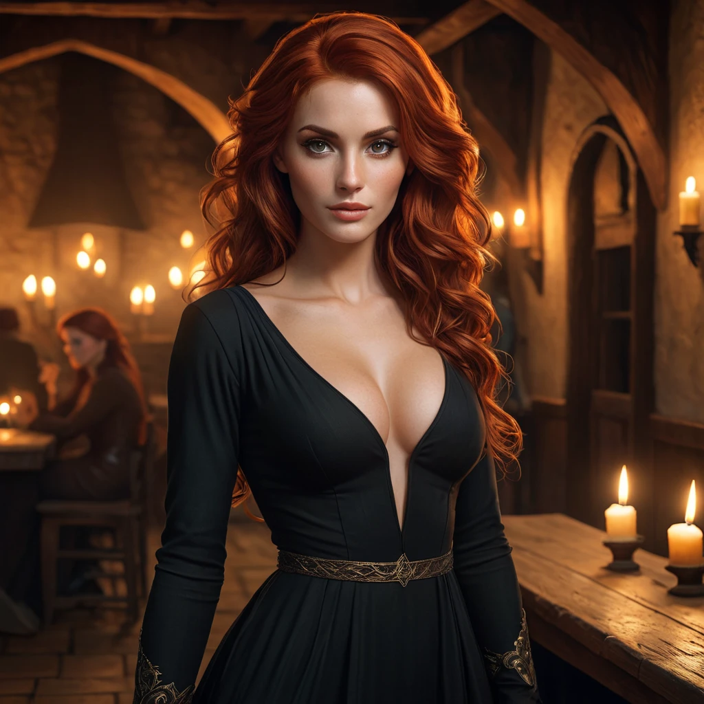 A seductive Triss Merigold with flowing red hair, dressed in a form-fitting, deep-cut black dress, standing in a dimly lit tavern with flickering candlelight casting shadows on her face, her eyes smoldering with a mix of mystery and allure.