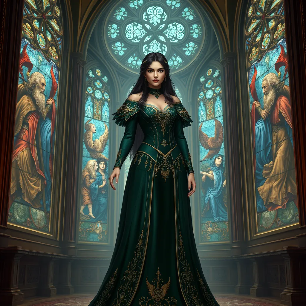 A enchanting Yennefer with hair like obsidian and eyes that sparkle with arcane knowledge, dressed in a regal, dark green gown with gold accents, standing in a grand hall with towering stained glass windows depicting ancient legends