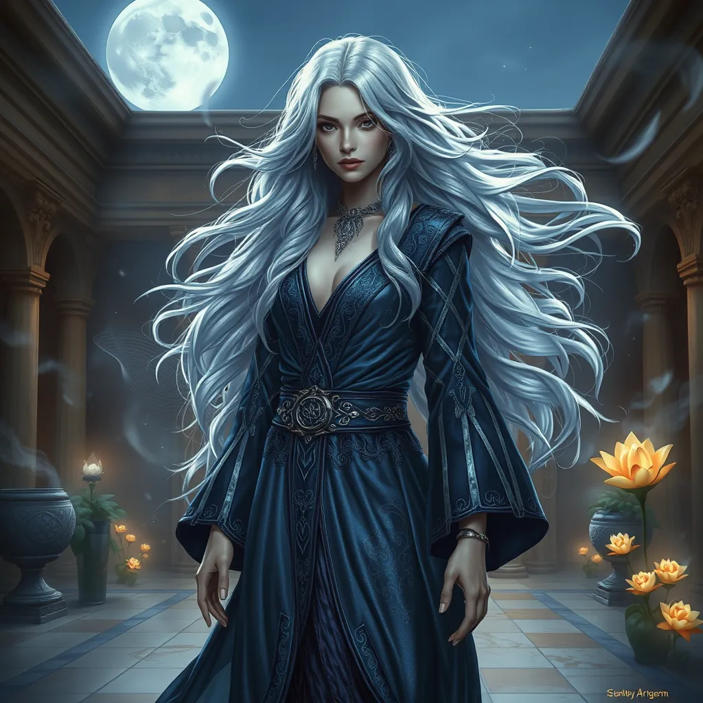 A alluring Yennefer with silver hair flowing like a waterfall, dressed in a shimmering, midnight blue robe adorned with silver runes, standing in a moonlit courtyard with swirling mist and glowing flowers