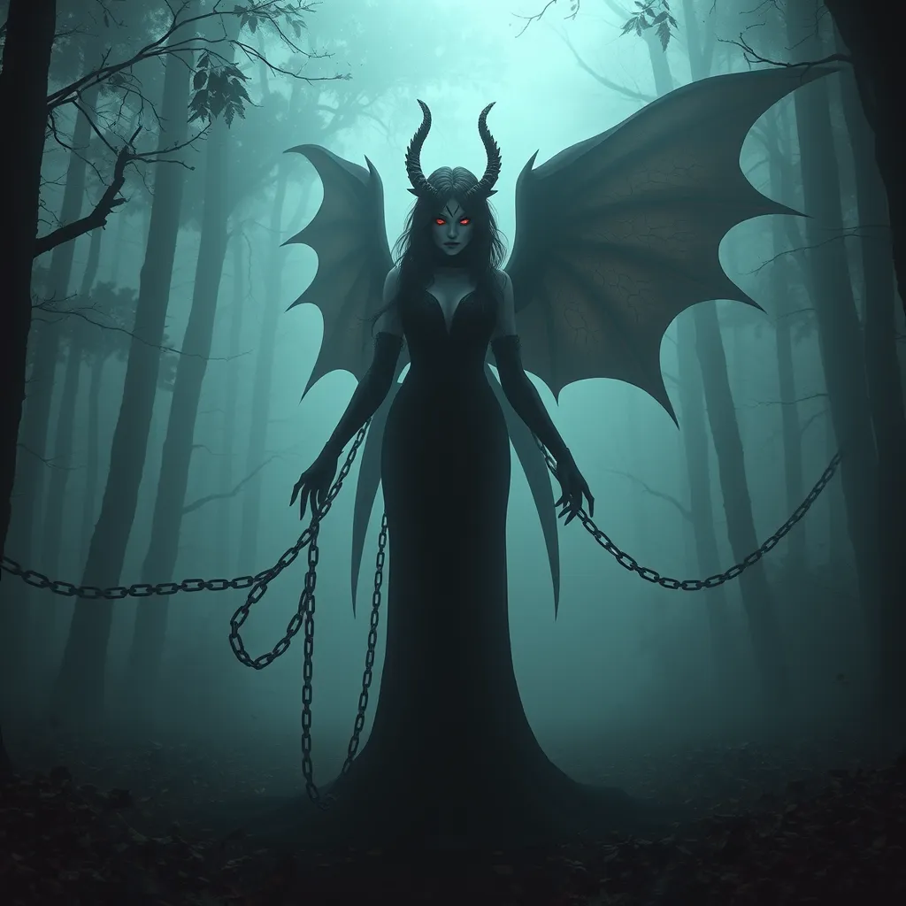 Morgana is portrayed in a dense, fog-covered forest, her form partially obscured by the mist. Her wings are partially unfurled, casting long, eerie shadows on the ground. Her eyes are a fiery, malevolent red, and her chains rattle ominously in the silence of the forest.