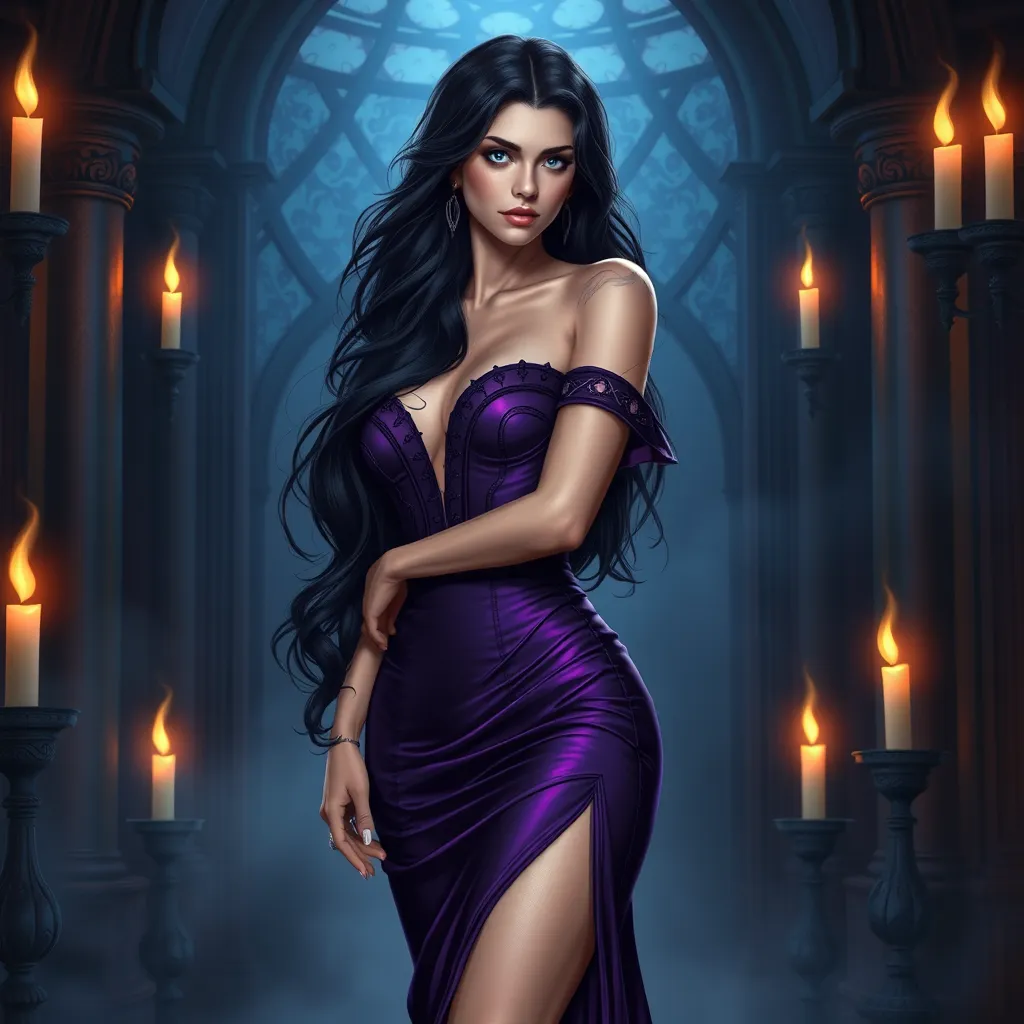 A seductive Yennefer with raven-black hair cascading over her shoulders, dressed in a form-fitting, deep purple gown that accentuates her curves, standing in a candlelit chamber with enchanted flames dancing around her