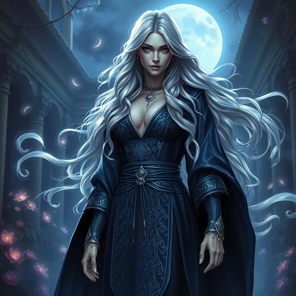 A alluring Yennefer with silver hair flowing like a waterfall, dressed in a shimmering, midnight blue robe adorned with silver runes, standing in a moonlit courtyard with swirling mist and glowing flowers