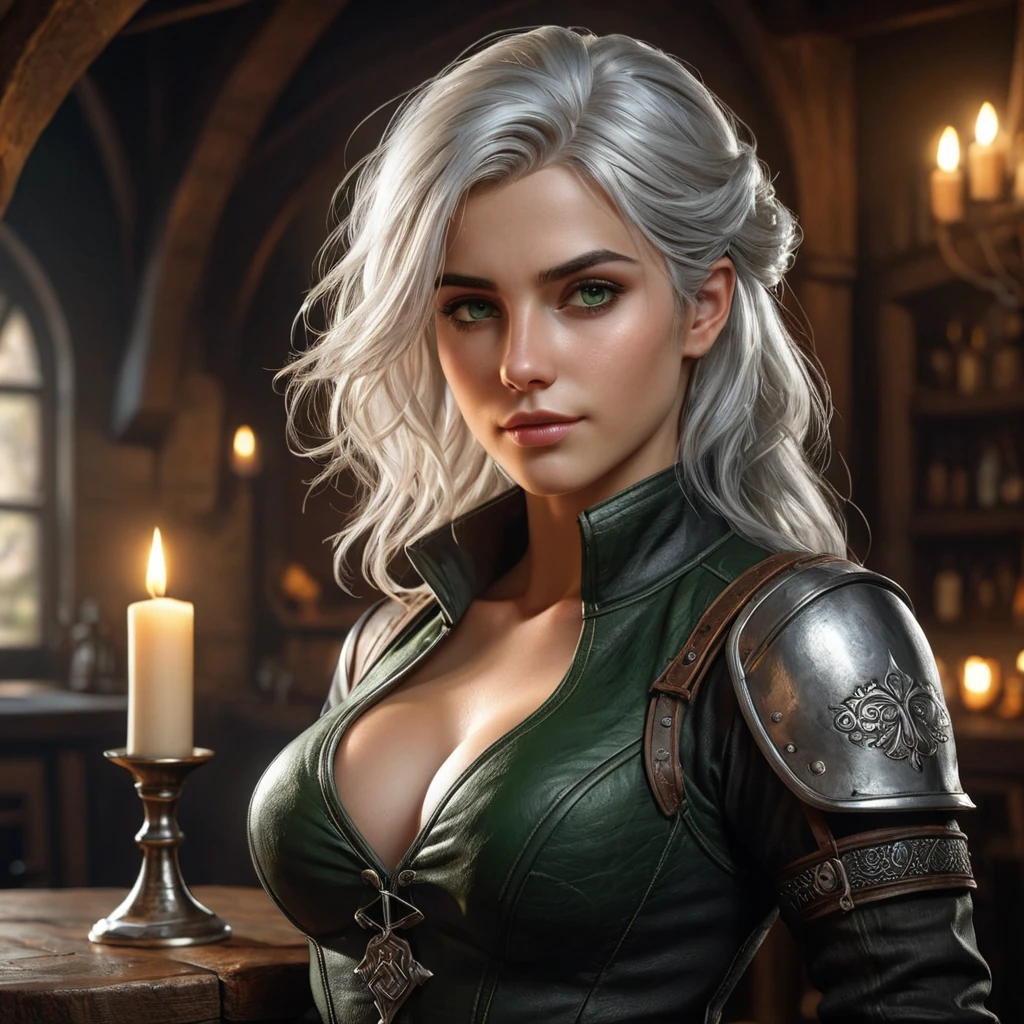 A seductive Ciri from The Witcher, with her silver hair cascading in loose waves, wearing a form-fitting, dark leather outfit that accentuates her curves. Her piercing green eyes are filled with a mix of determination and allure, as she stands in a dimly lit, medieval tavern, with a flickering candle casting shadows on her face.