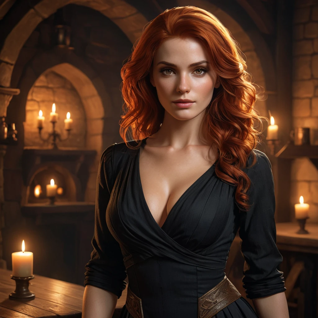 A seductive Triss Merigold with flowing red hair, dressed in a form-fitting, deep-cut black dress, standing in a dimly lit tavern with flickering candlelight casting shadows on her face, her eyes smoldering with a mix of mystery and allure.