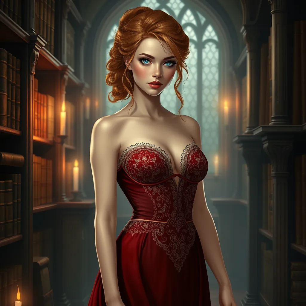 Triss Merigold in a seductive, low-cut dress with intricate lace detailing, her hair pinned up with loose tendrils framing her face, standing in a candlelit library with ancient tomes surrounding her, her presence both alluring and intellectual.