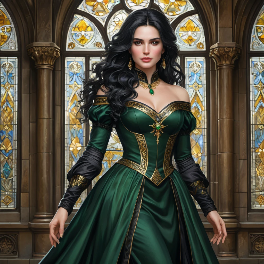 A enchanting Yennefer with hair like obsidian and eyes that sparkle with arcane knowledge, dressed in a regal, dark green gown with gold accents, standing in a grand hall with towering stained glass windows depicting ancient legends