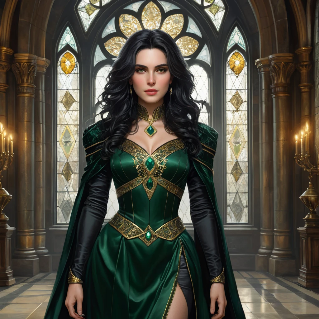 A enchanting Yennefer with hair like obsidian and eyes that sparkle with arcane knowledge, dressed in a regal, dark green gown with gold accents, standing in a grand hall with towering stained glass windows depicting ancient legends