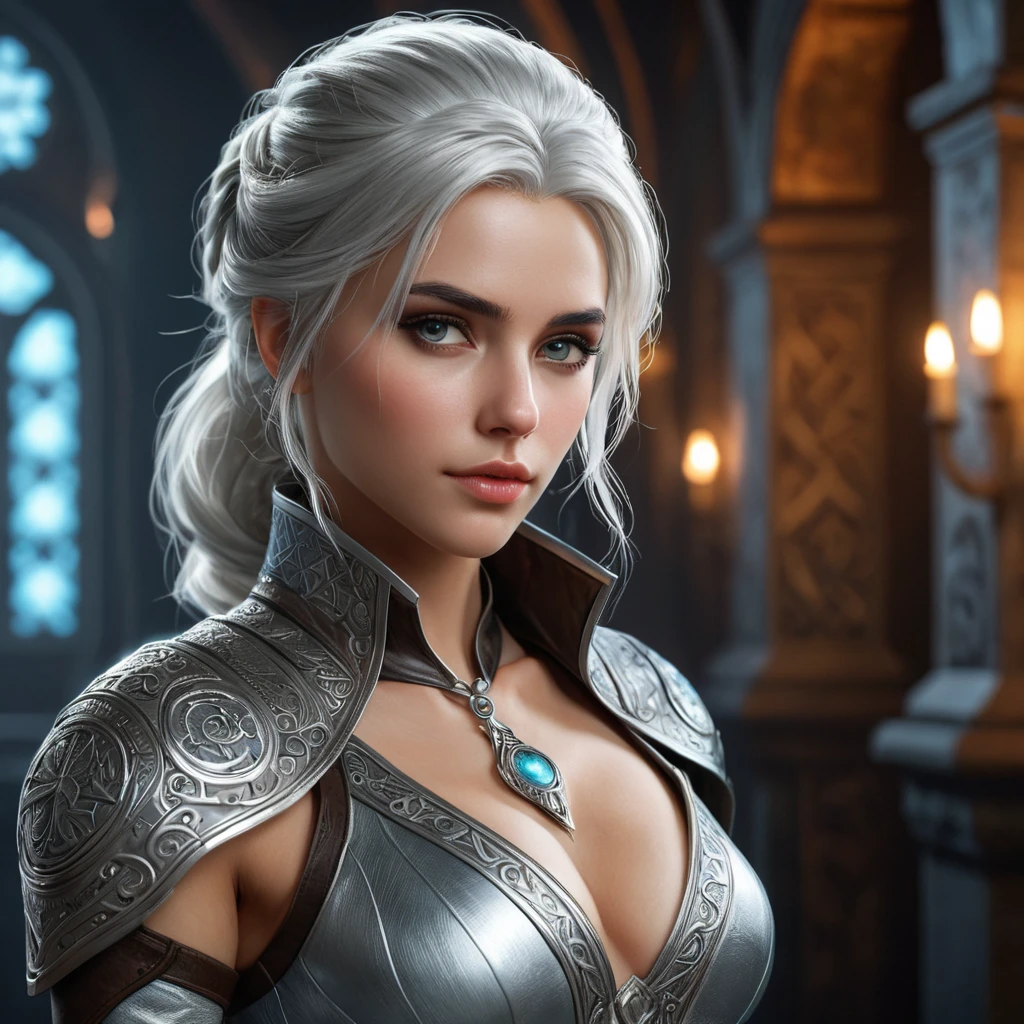 A seductive Ciri, in a daring, yet elegant outfit that combines elements of medieval and futuristic fashion. She stands in a high-tech, yet ancient-looking chamber, with holographic displays and ancient runes glowing around her. Her hair is a mix of silver and dark strands, and her eyes, filled with a blend of wisdom and seduction, lock onto the viewer.