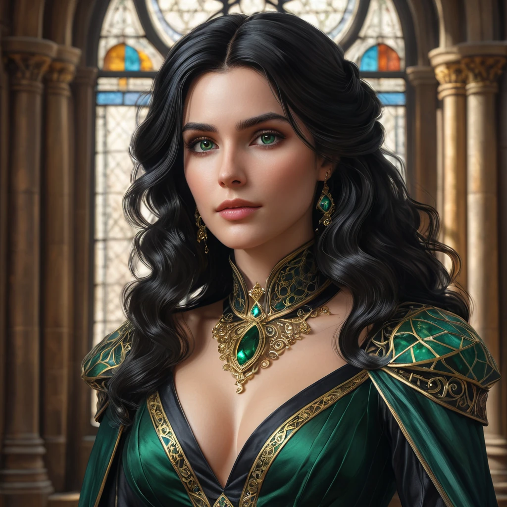 A enchanting Yennefer with hair like obsidian and eyes that sparkle with arcane knowledge, dressed in a regal, dark green gown with gold accents, standing in a grand hall with towering stained glass windows depicting ancient legends